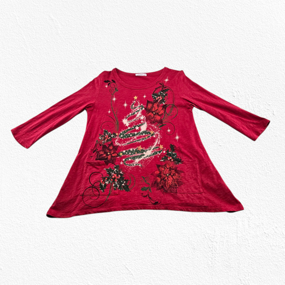 Jess & Jane Red Christmas Tree Poinsettia Graphic A-Line Tunic Top Size Medium - Picture 3 of 8